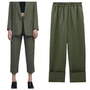 NEW Zara High Waist Olive Turn Up Hem Trousers Pants Size Small